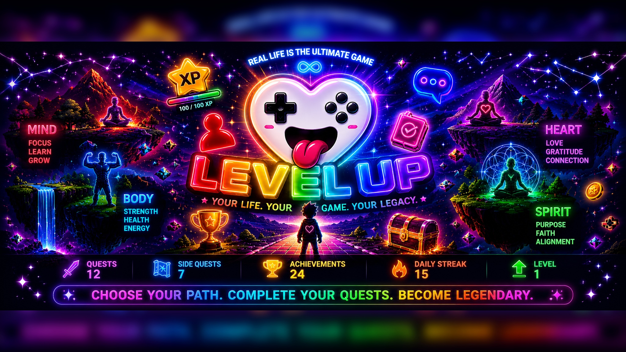 RLVG level up world banner showing quests, XP, Mind, Body, Heart, and Spirit